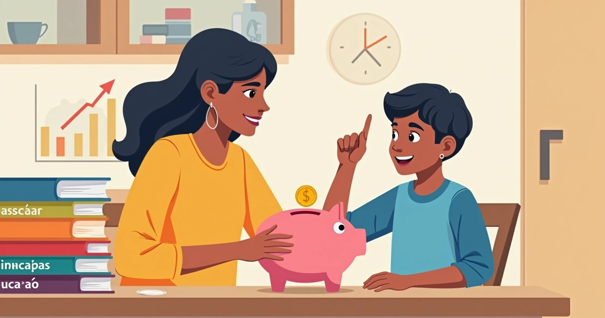 Mãe explica educação financeira ao filho com livros e cofrinho 