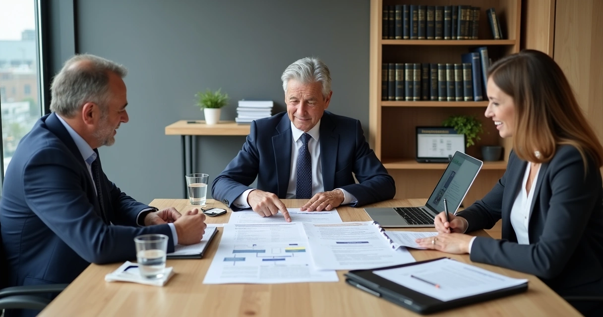 Reunião de sócios em pequeno escritório de advocacia discutindo planejamento sucessório 