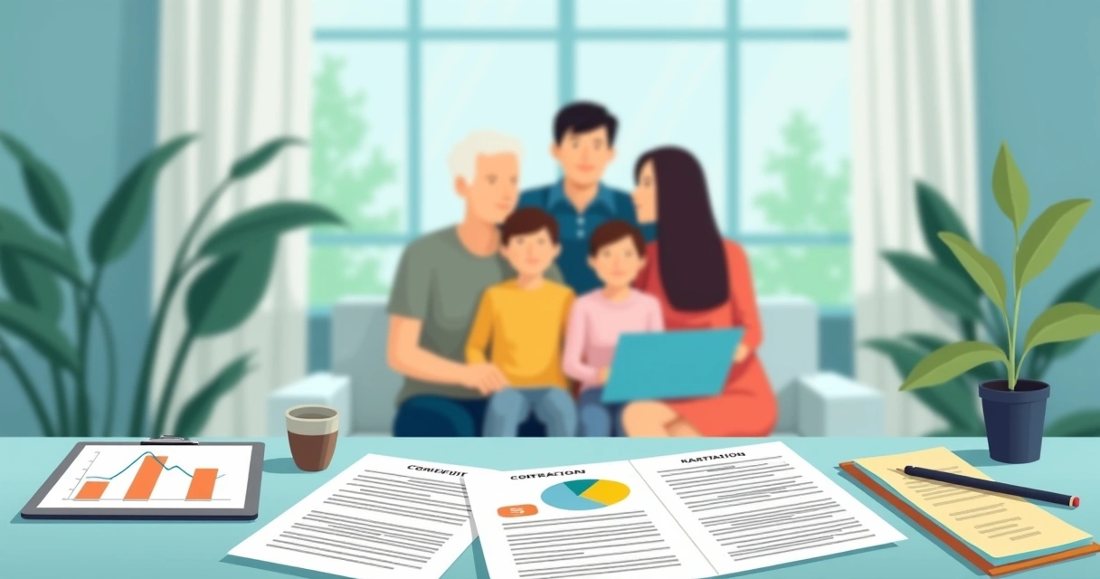 Documentos de planejamento sucessório, com gráficos financeiros e família reunida ao fundo. 
