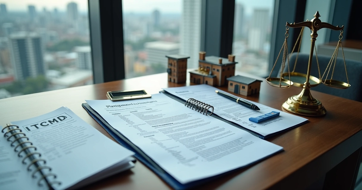 Mesa de escritório com documentos de herança, calculadora e maquete de empresa 