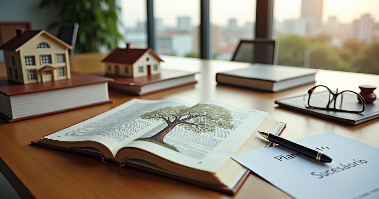 Livro de direito aberto com árvore familiar desenhada entre miniaturas de casa e empresa 