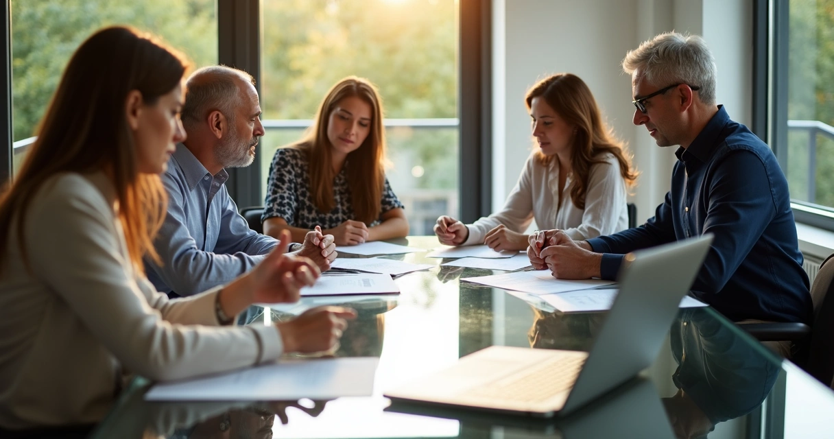 Reunião familiar analisando contratos e documentos de sucessão 