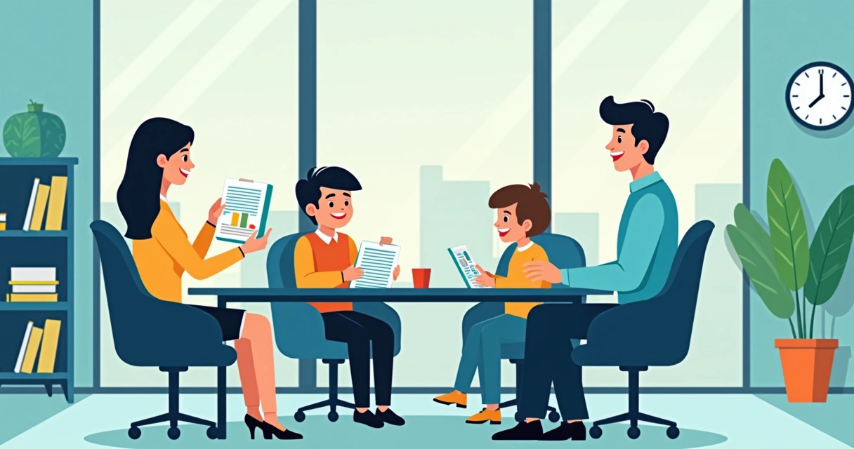 Familia segurando papéis, em reunião de planejamento patrimonial 