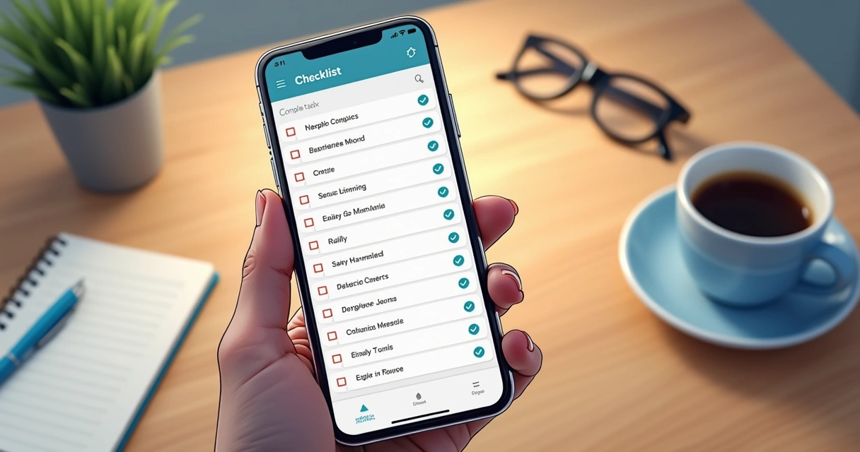Tela de app de checklist com várias tarefas diárias marcadas