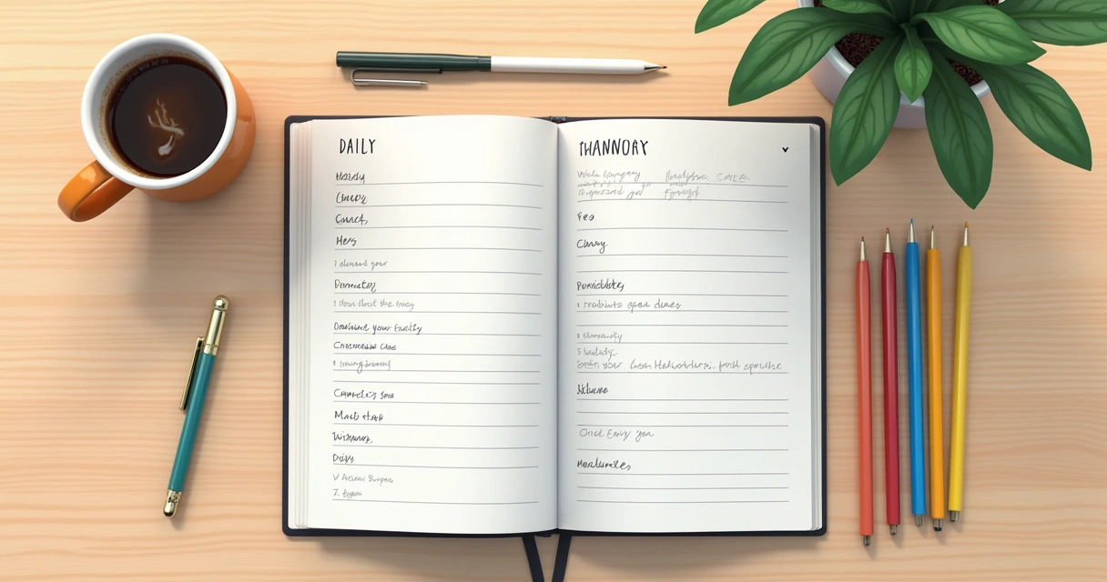 Agenda aberta com anotações de tarefas diárias, canetas e um café ao lado 