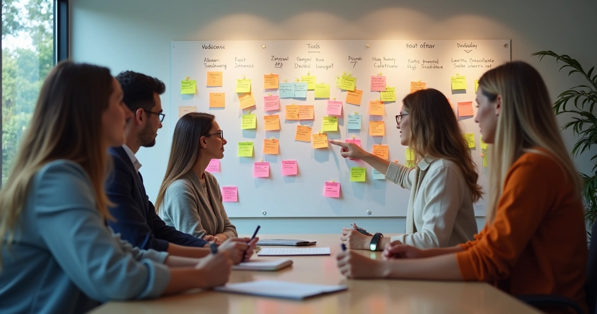 Equipe revisando quadro com planejamento de tarefas na parede 