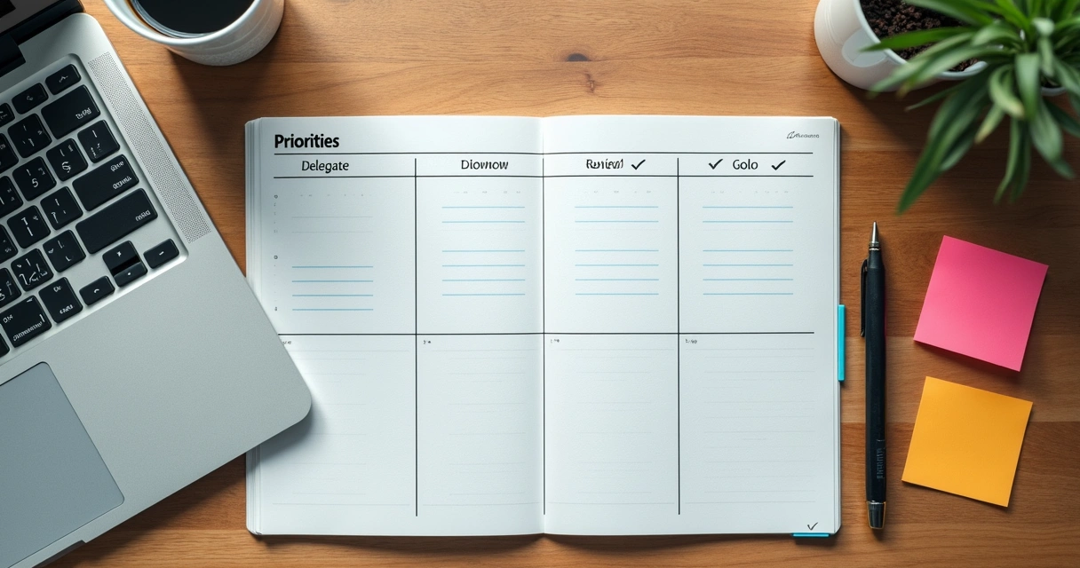 Mesa com planner, anotações e lista de prioridades
