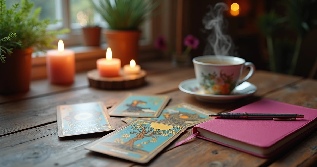 Cartas de tarot espalhadas sobre uma mesa de madeira com uma agenda ao lado 