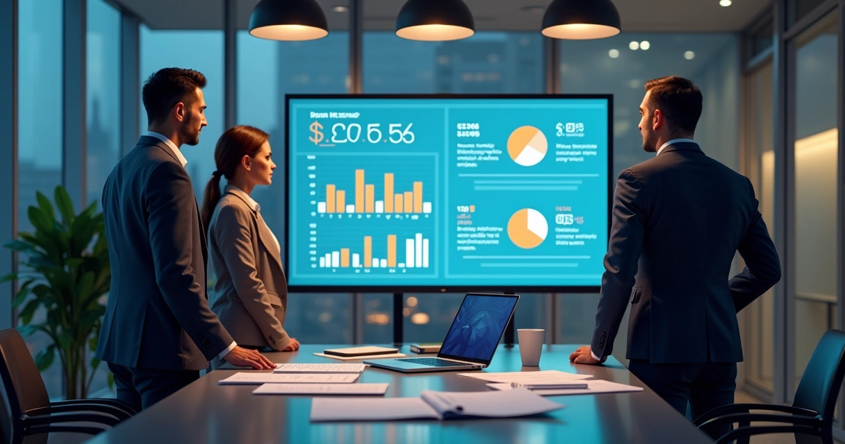 Trio de empresários analisando dados financeiros em tela digital 