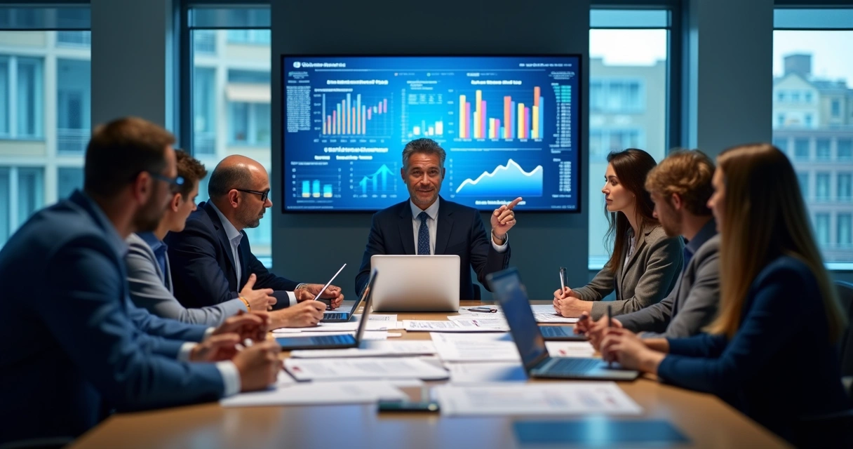 Gestor reunido com equipe discutindo planejamento de TI em um escritório moderno 