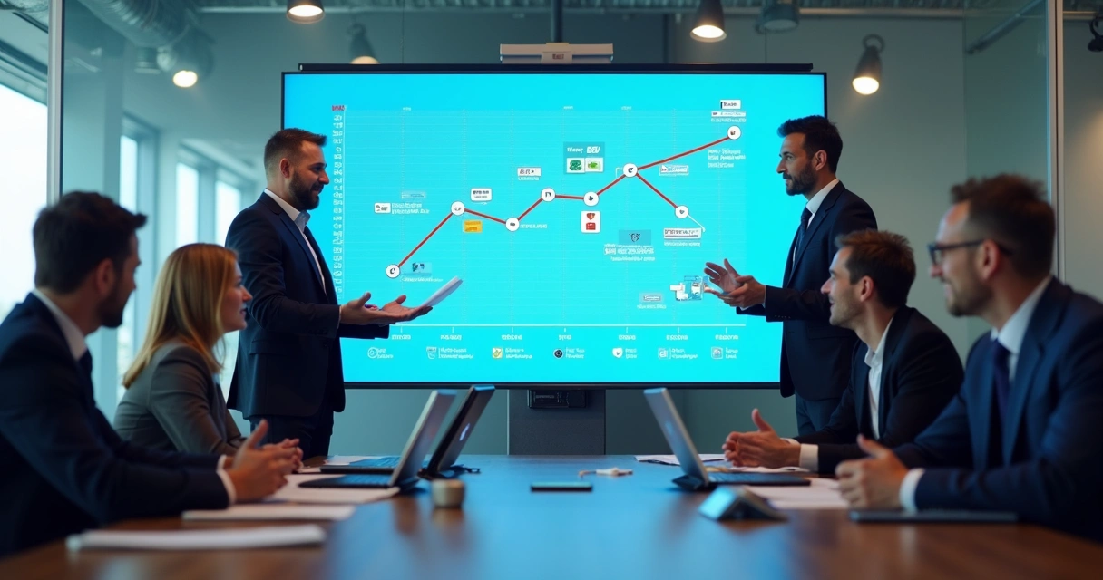 Plano estratégico de tecnologia sendo discutido entre gestores e CTO 