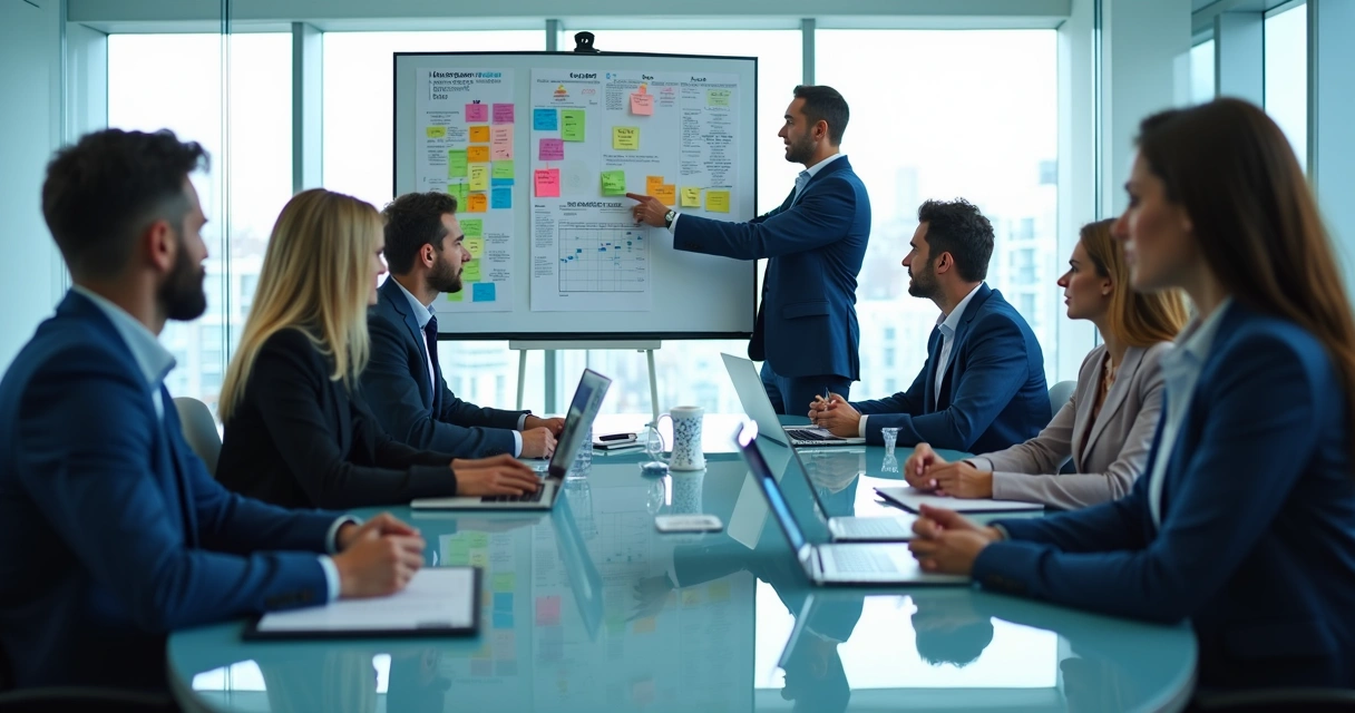 Equipe de TI reunida em mesa redonda com laptops e plano estratégico na parede 