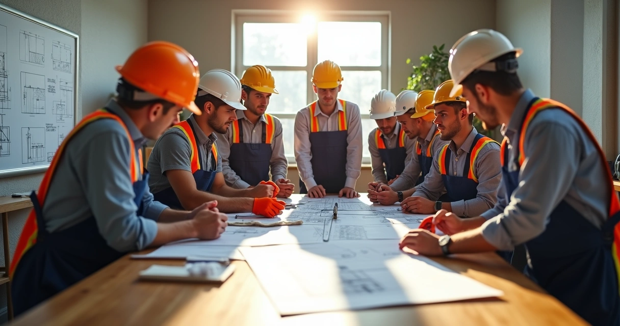 Equipe analisando plano de trabalho em altura com planta e equipamentos sobre a mesa