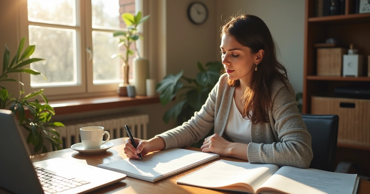 Mulher anotando planos de carreira em caderno 