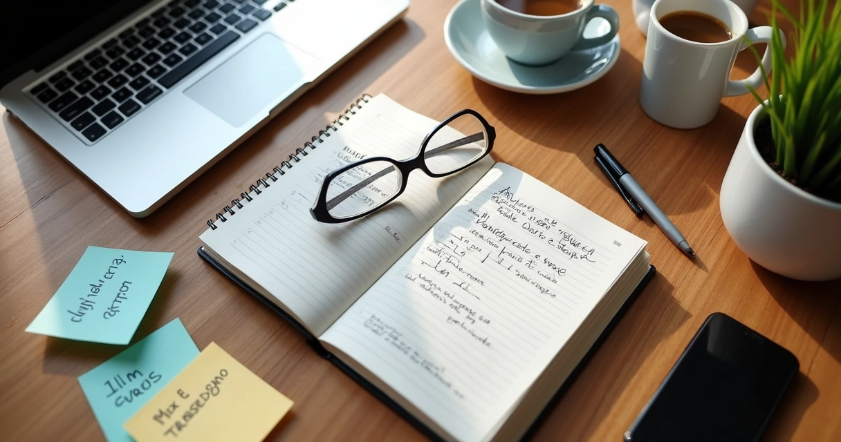 Caderno com plano de carreira, óculos e notebook na mesa