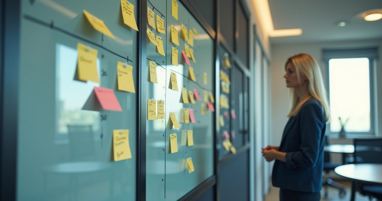 Profissional organizando metas de transição em quadro com post-its 