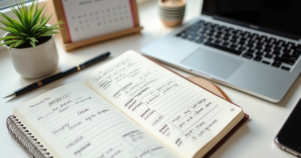 Caderno com plano de transição profissional ao lado de laptop e calendário