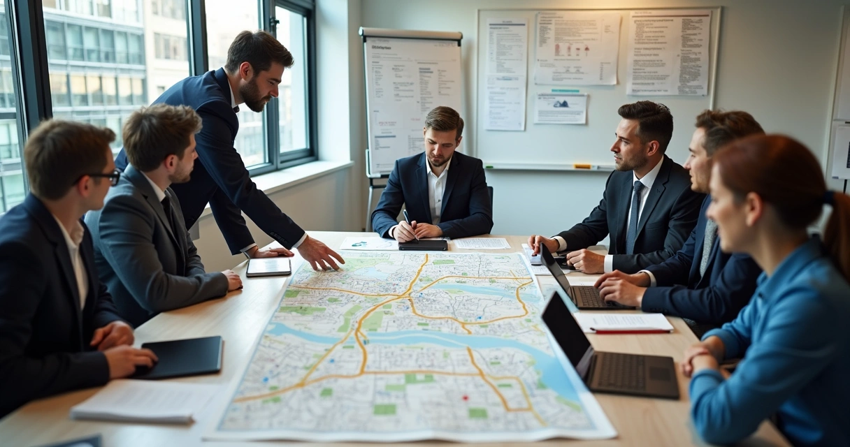 Reunião de equipe planejando rotas de transporte corporativo.