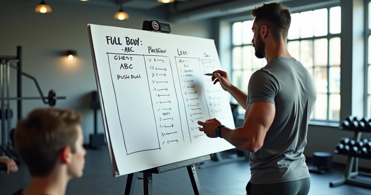 Treinador escrevendo divisão de treino de três dias em quadro branco na academia 