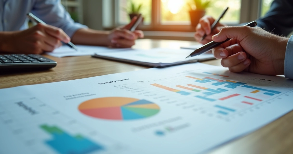 Planejamento tributário e contábil com documentos, calculadora e gráficos 