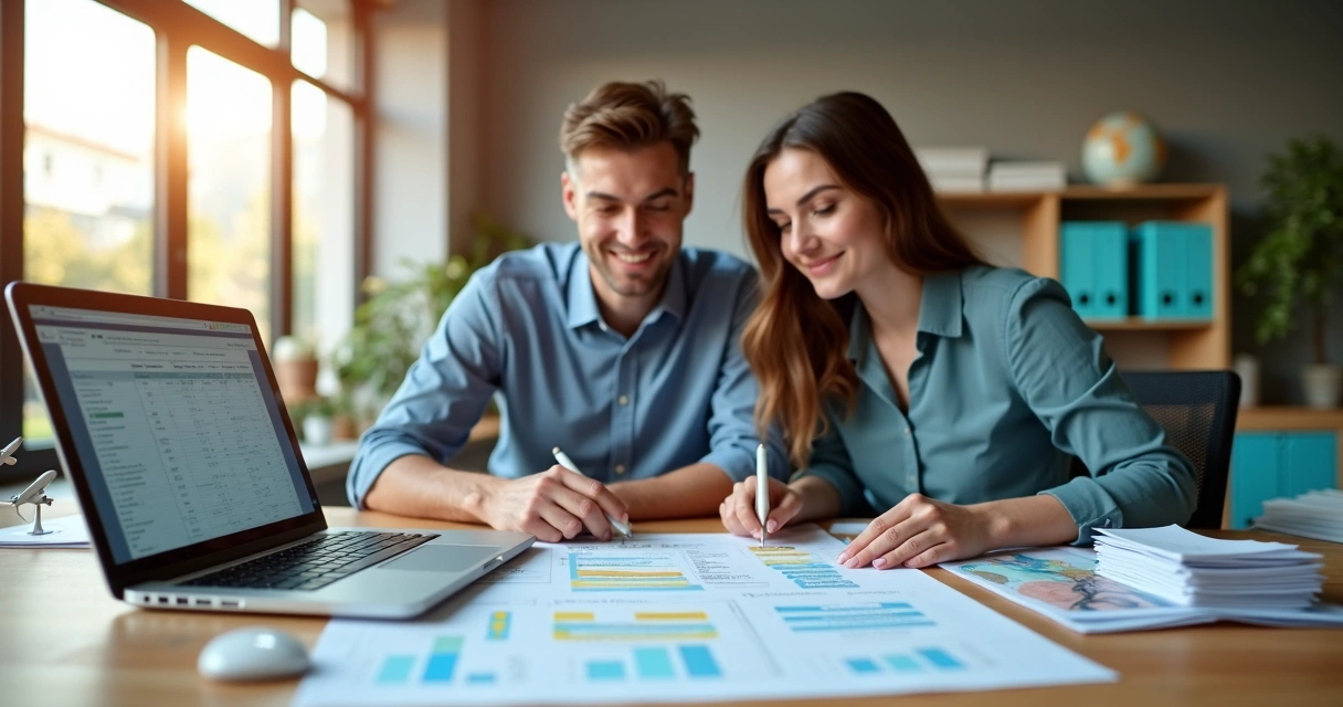 Gestor de agência de viagens organizando impostos com consultor especializado 