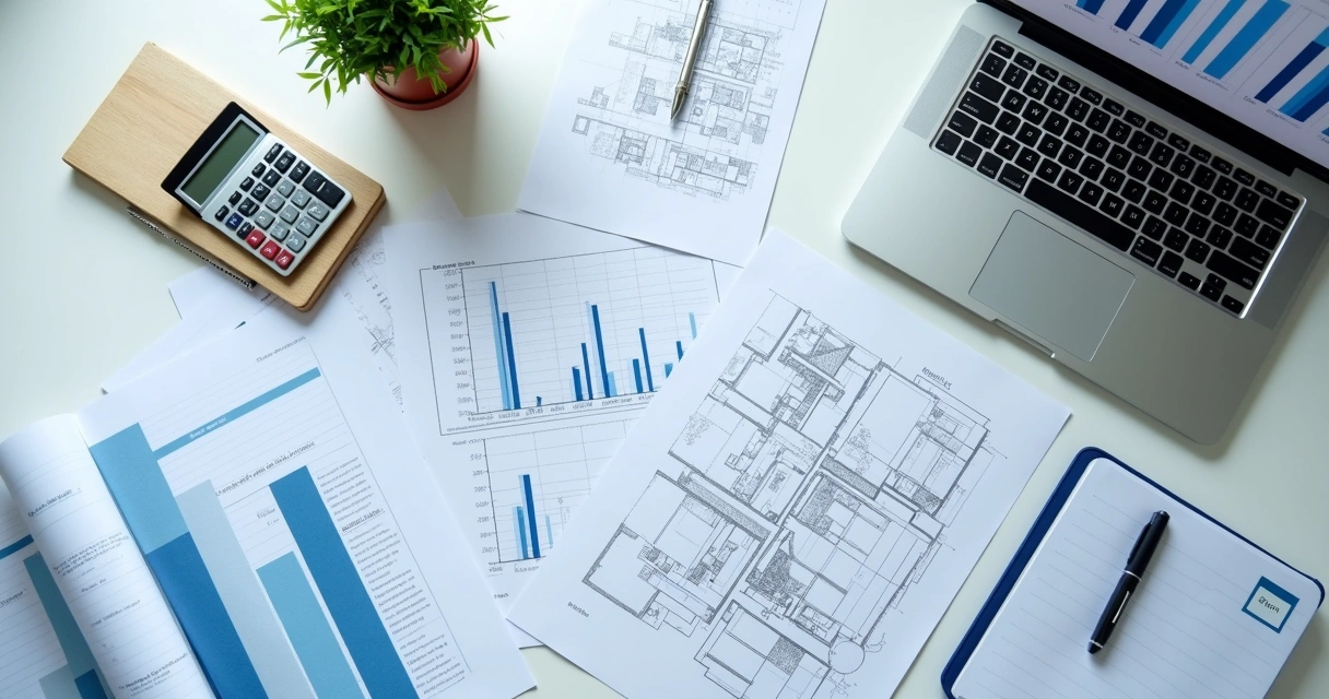 Mesa com plantas, calculadora e gráficos de custos para arquiteto 