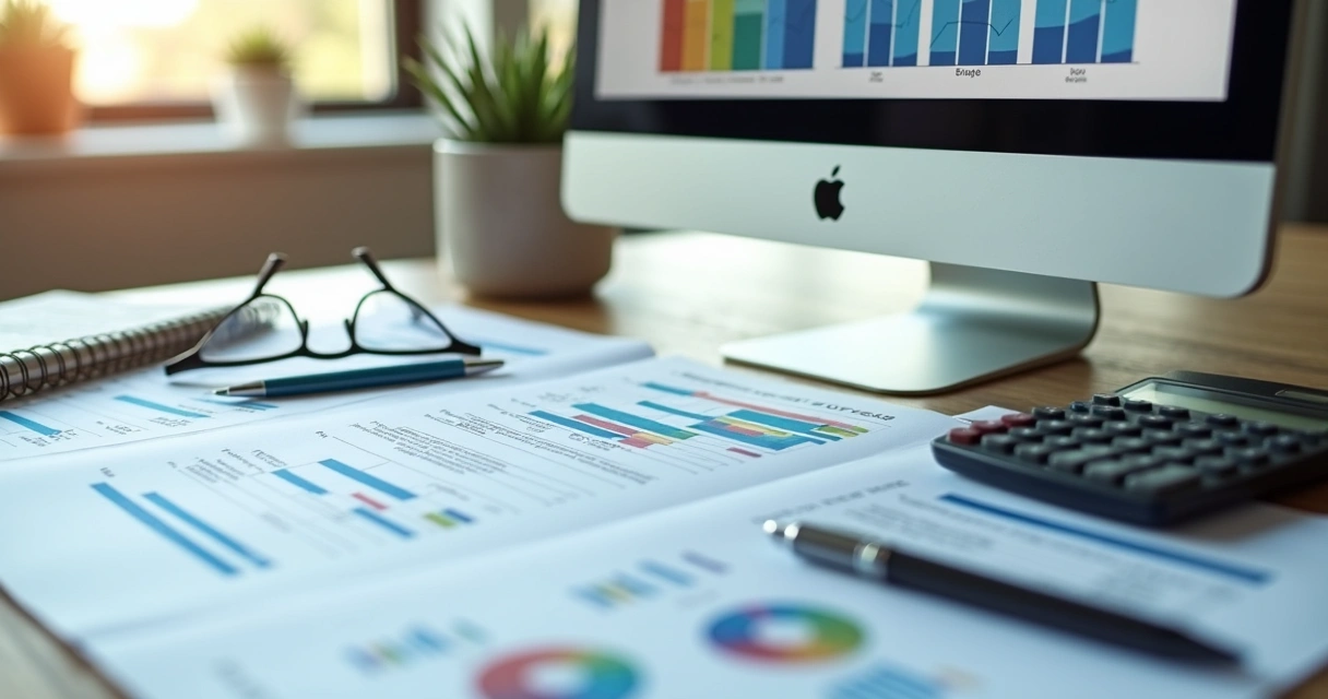 Planejamento tributário com documentos empresariais e gráfico ao lado de computador