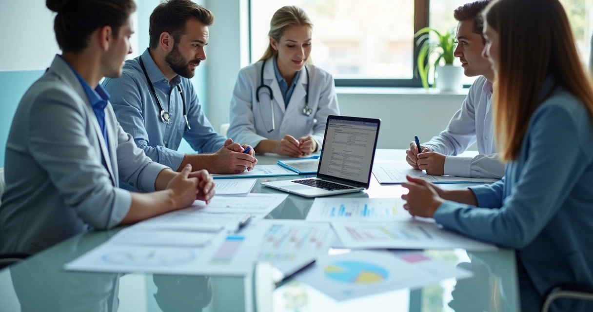 Equipe de clínica analisando planejamento tributário com relatórios e gráficos
