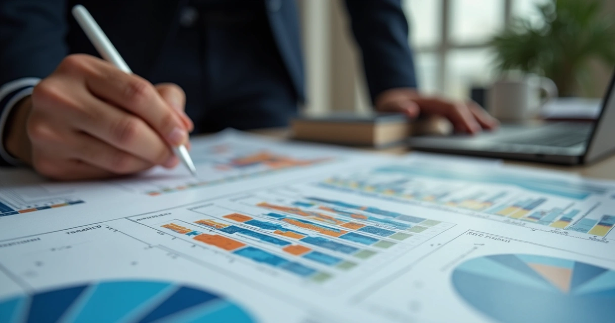 Contador analisando gráficos financeiros em mesa com documentos 