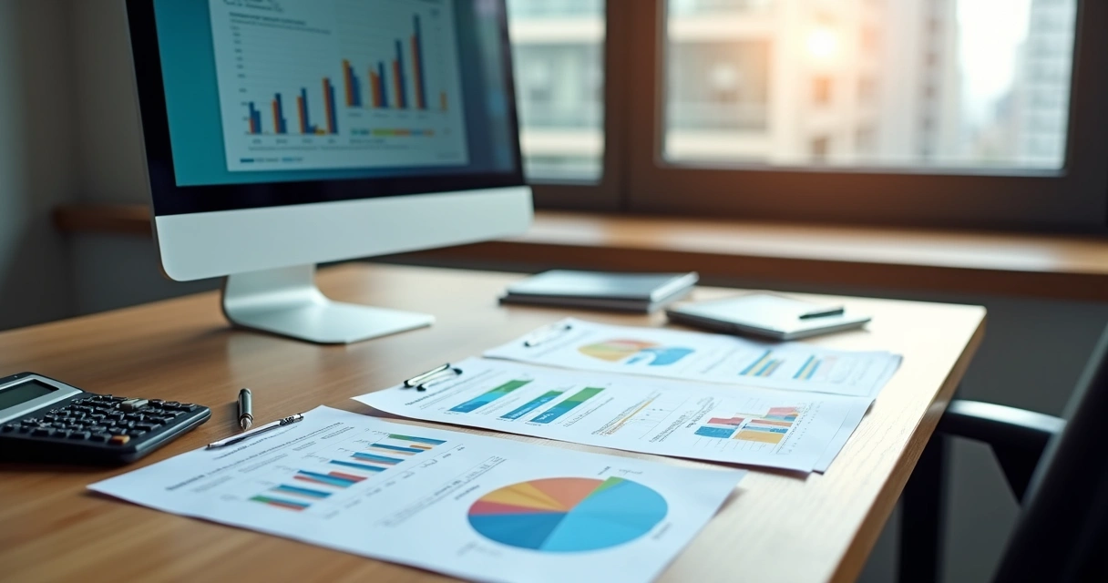 Escritório moderno com gráficos e relatórios de planejamento tributário em tela e mesa