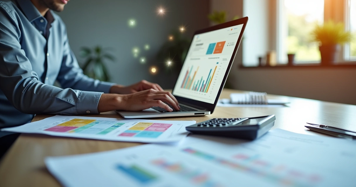 Profissional analisando gráficos fiscais em um notebook rodeado de papéis e calculadora 