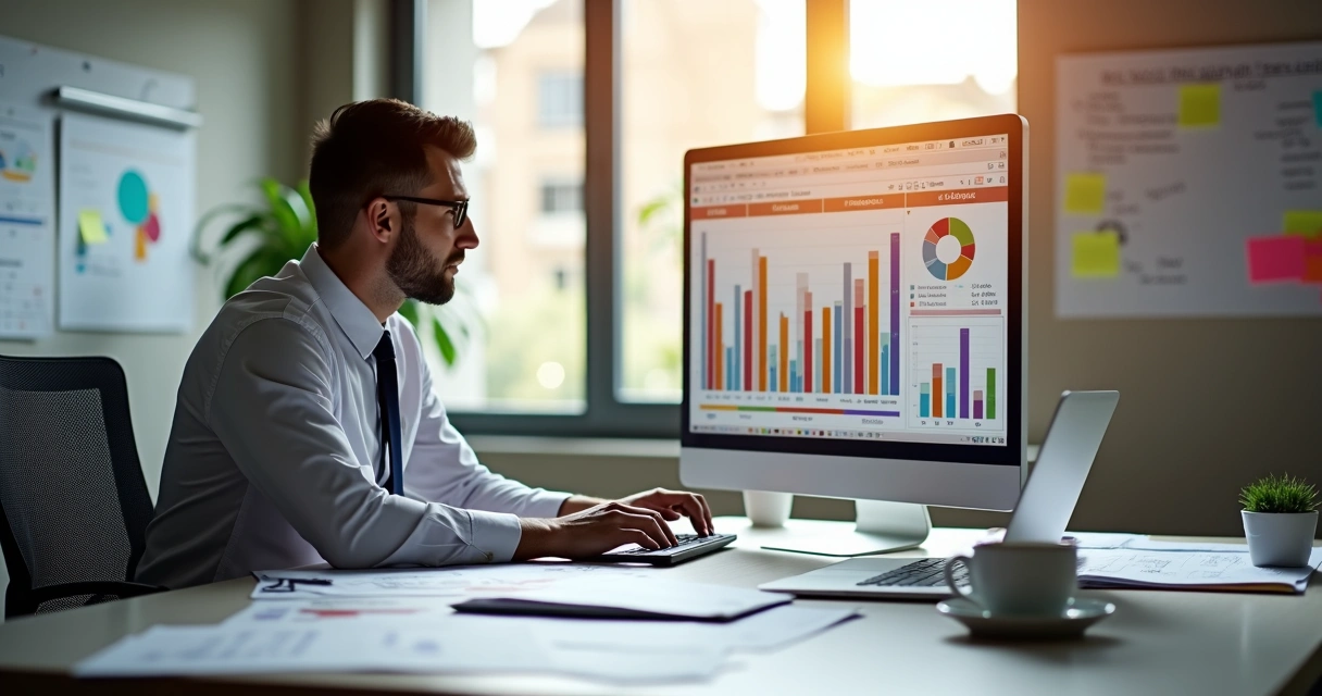 Gestor observando tela de computador com gráficos financeiros durante planejamento tributário