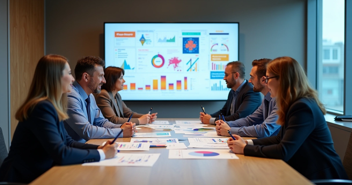 Equipe de empresários analisando gráficos e simulando cenários tributários em sala de reunião moderna 