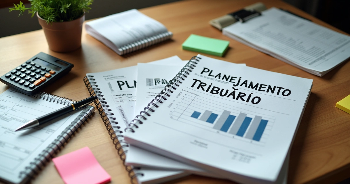 Livros de planejamento tributário e documentos fiscais na mesa