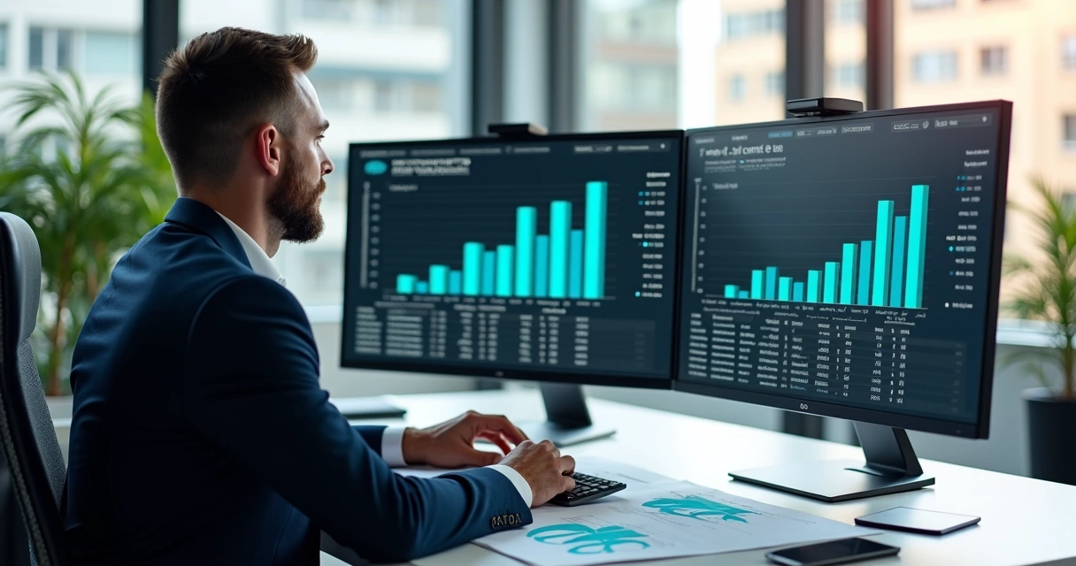 Profissional analisando gráficos de planejamento tributário em escritório moderno