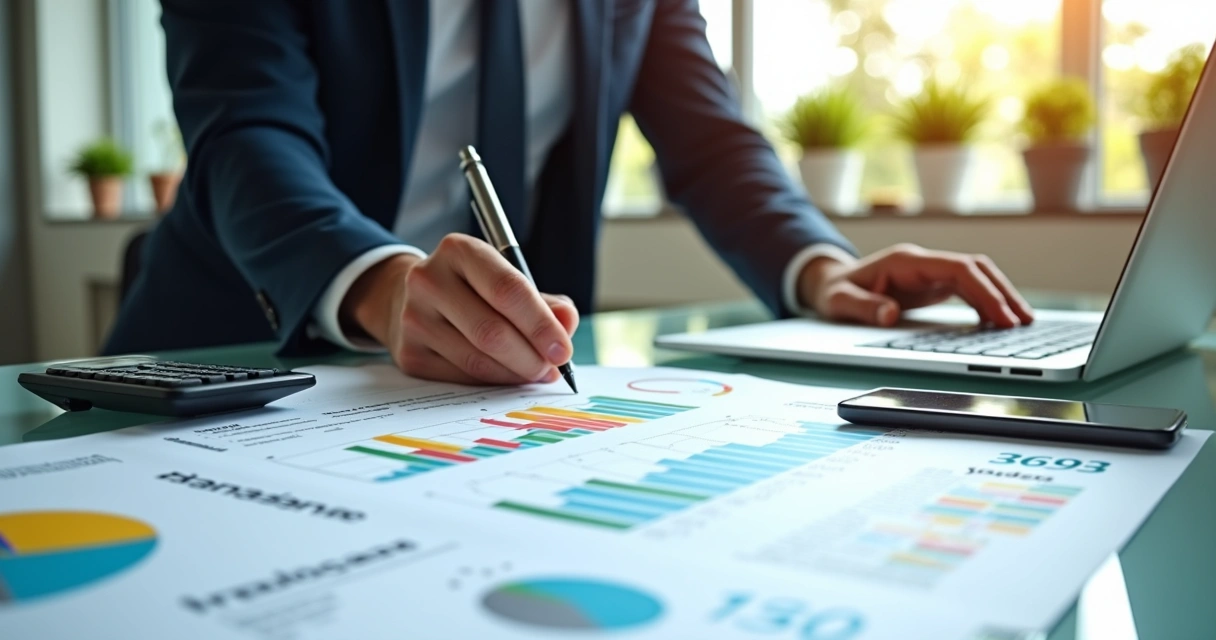Profissional analisando gráficos de planejamento tributário e notas fiscais 