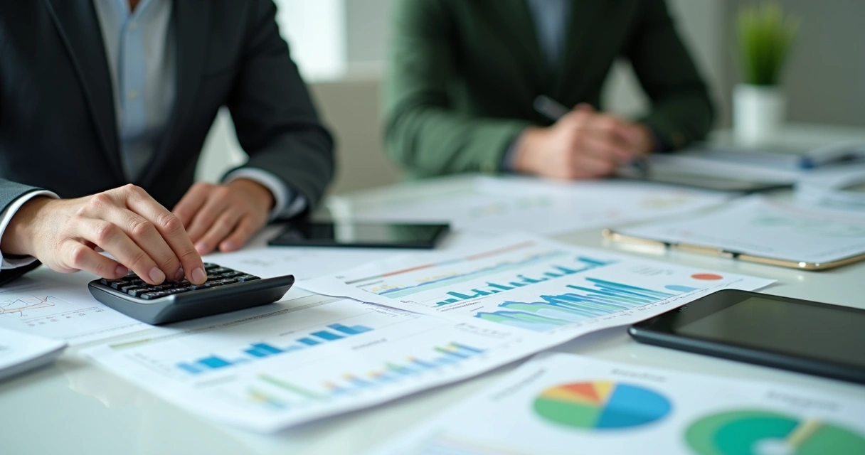 Contador revendo documentos fiscais e planilhas de planejamento tributário em mesa de reunião 