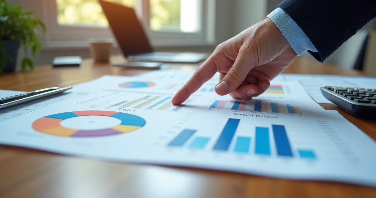 Pessoa apontando gráficos de planejamento tributário sobre mesa 