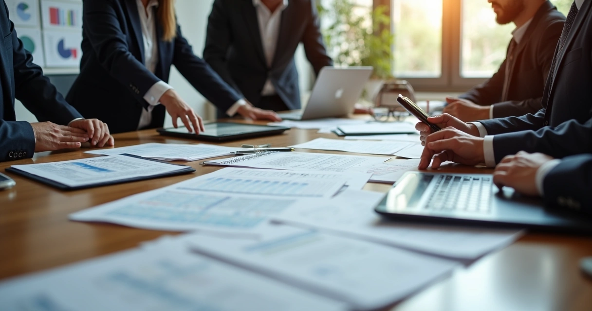 Equipe de trabalho ao redor de mesa analisando documentos fiscais e planilhas 