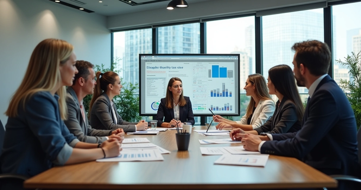 Equipe de agência de viagens analisando relatórios fiscais em sala moderna 