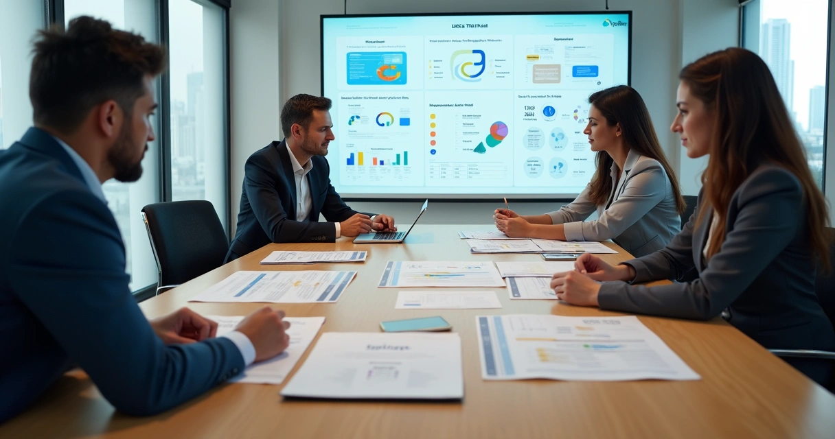 Equipe avaliando plano tributário de fintech em mesa de reunião com gráficos financeiros digitais 