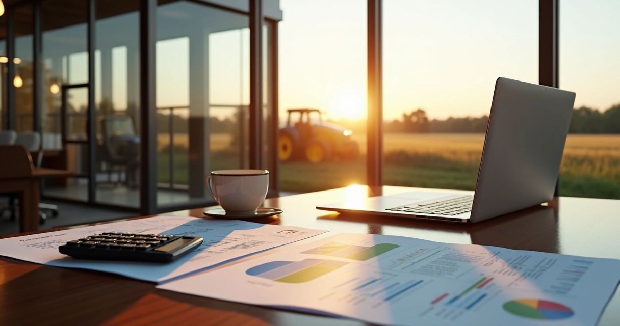 Fachada moderna de escritório de advocacia com elementos rurais e documentos fiscais sobre a mesa 