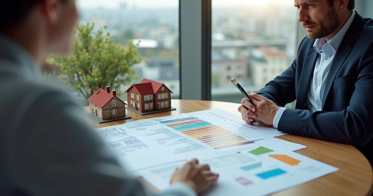 Consultor mostrando gráfico sobre planejamento tributário para cliente do setor imobiliário 