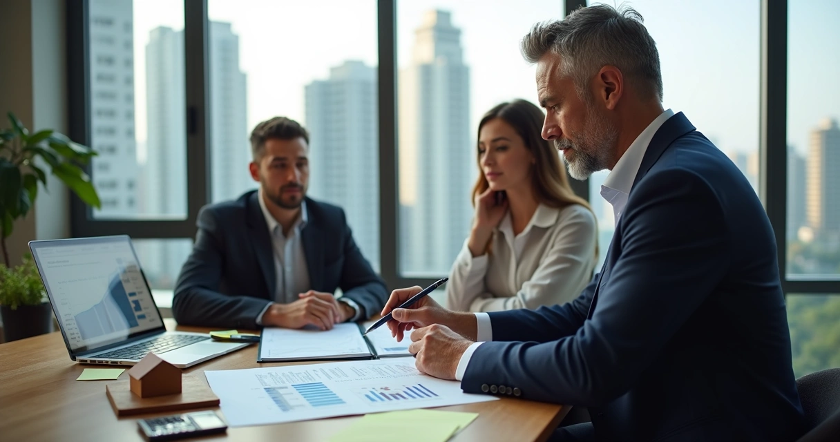 Advogado explicando planejamento tributário na compra e venda de imóveis para casal em escritório moderno 
