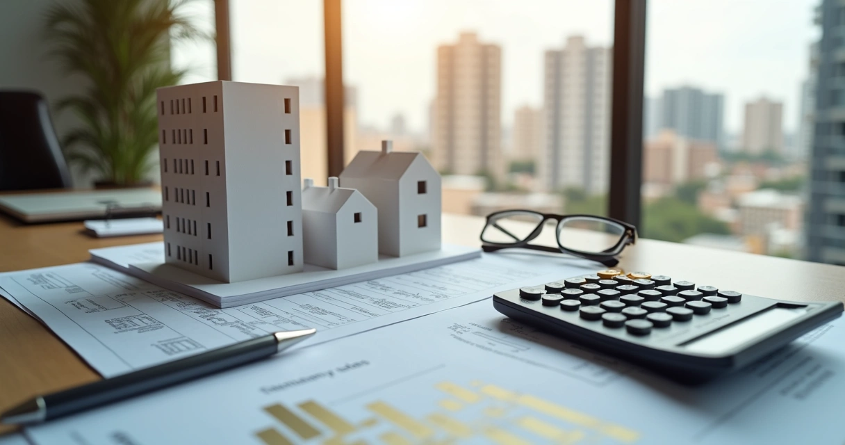 Mesa de escritório com miniatura de prédio, calculadora e documentos fiscais imobiliários 