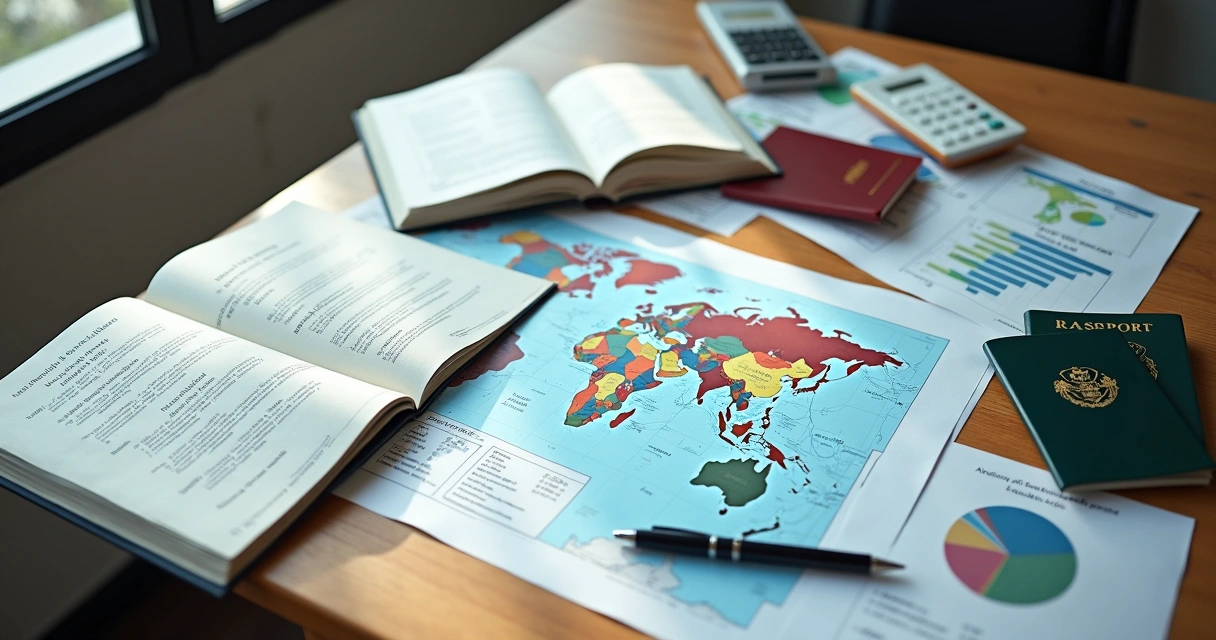 Mapas financeiros, gráficos e documentos analisados na mesa de um escritório de advocacia internacional 