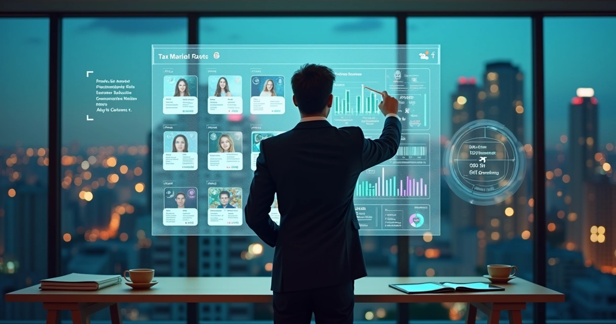 Analista financeiro observa vitrine virtual de marketplace com dados fiscais em painel digital 