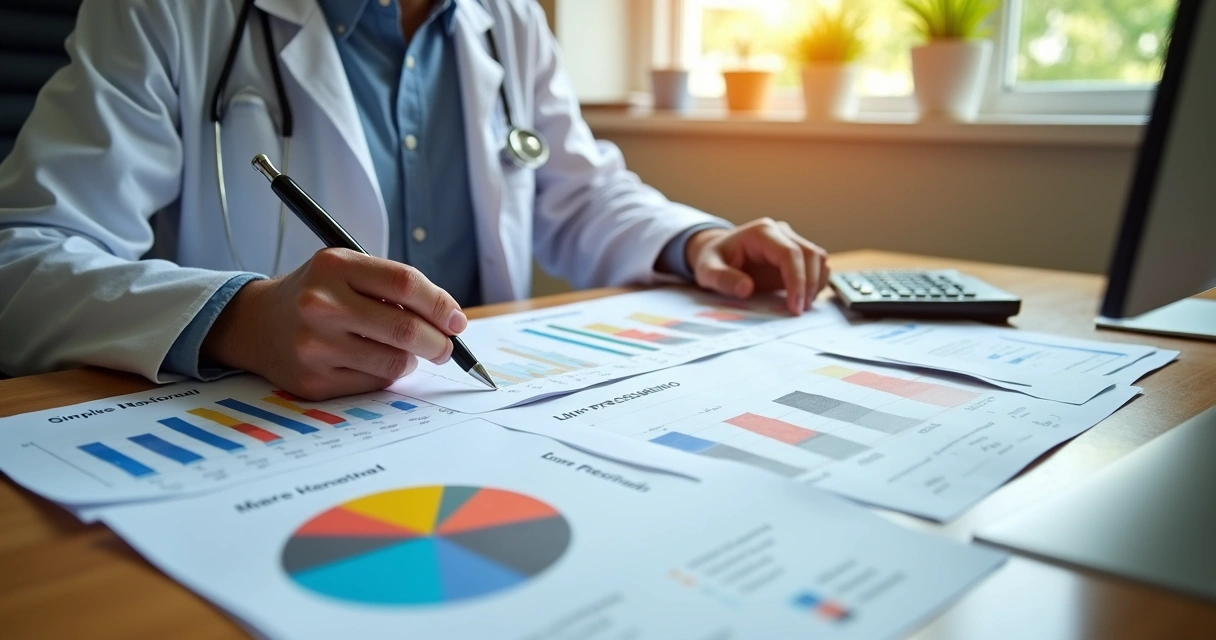 Planejamento tributário visualizado em gráficos, com um médico avaliando planilhas de impostos 