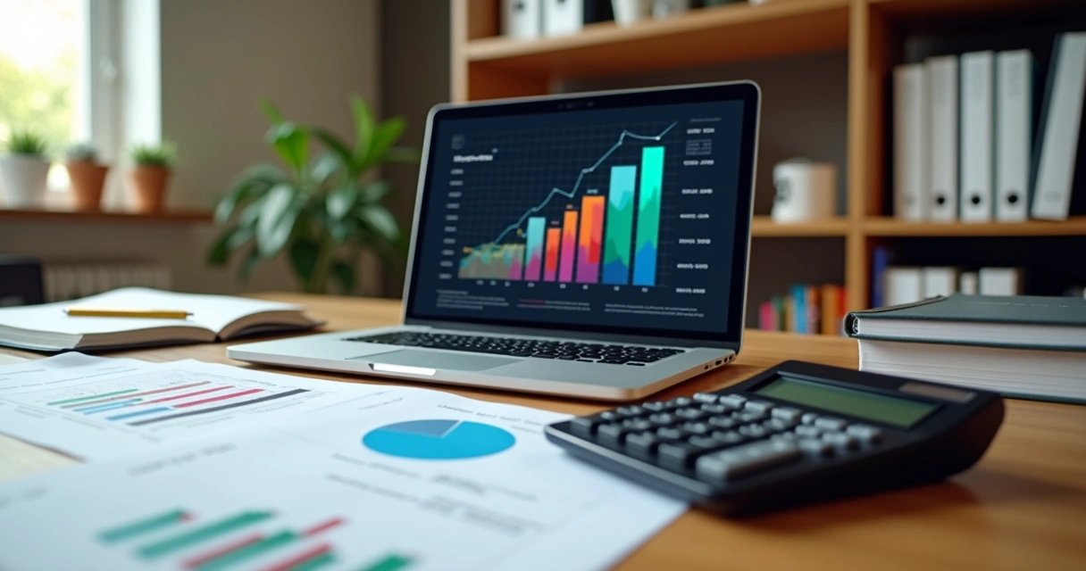 Mesa com calculadora, documentos financeiros e laptop aberto mostrando gráficos de planejamento tributário 