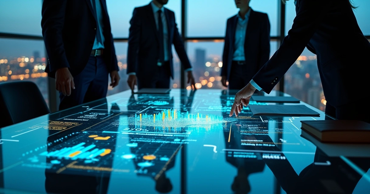 Profissionais analisando planejamento tributário em mesa digital holográfica 